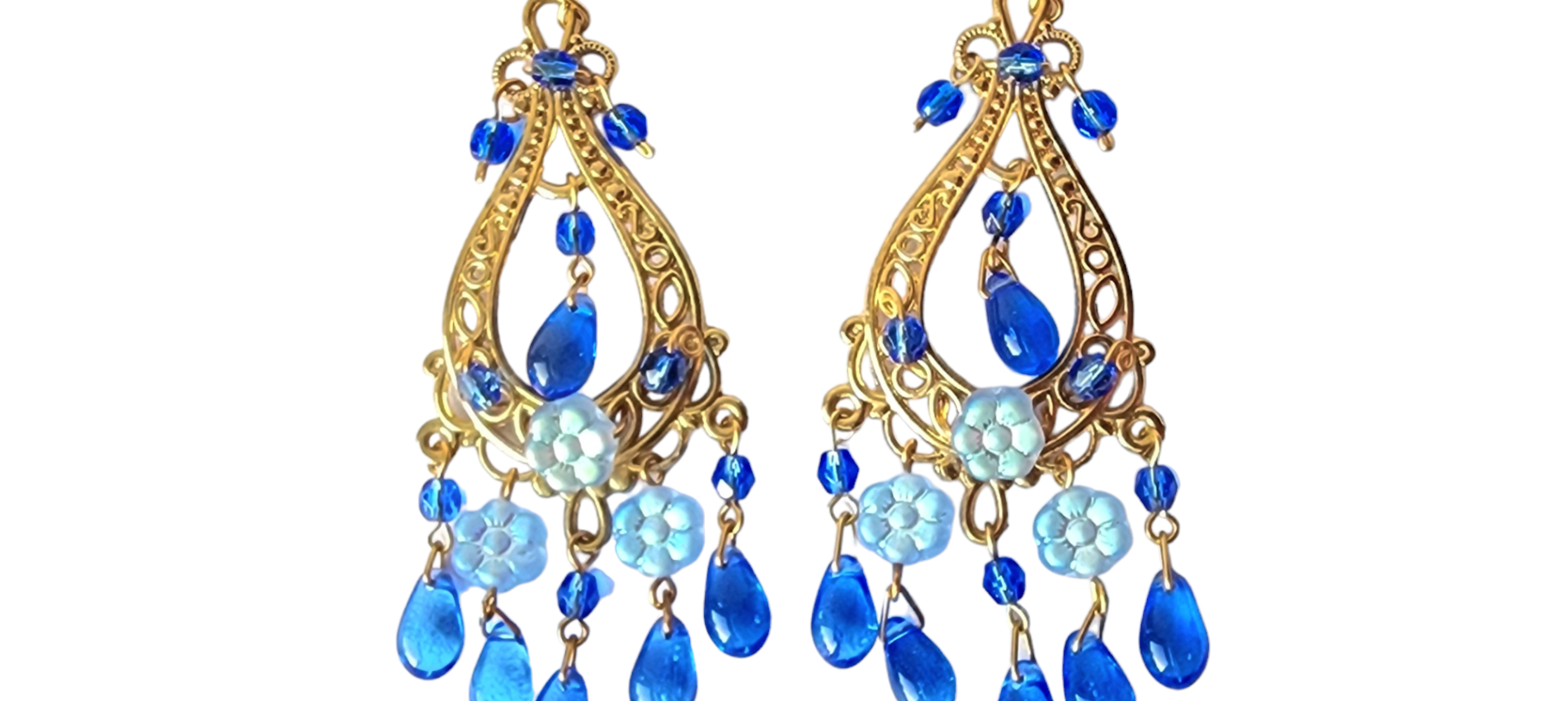 Golden-Blue-Glass-Chandelier-Earrings-Upcycled-New