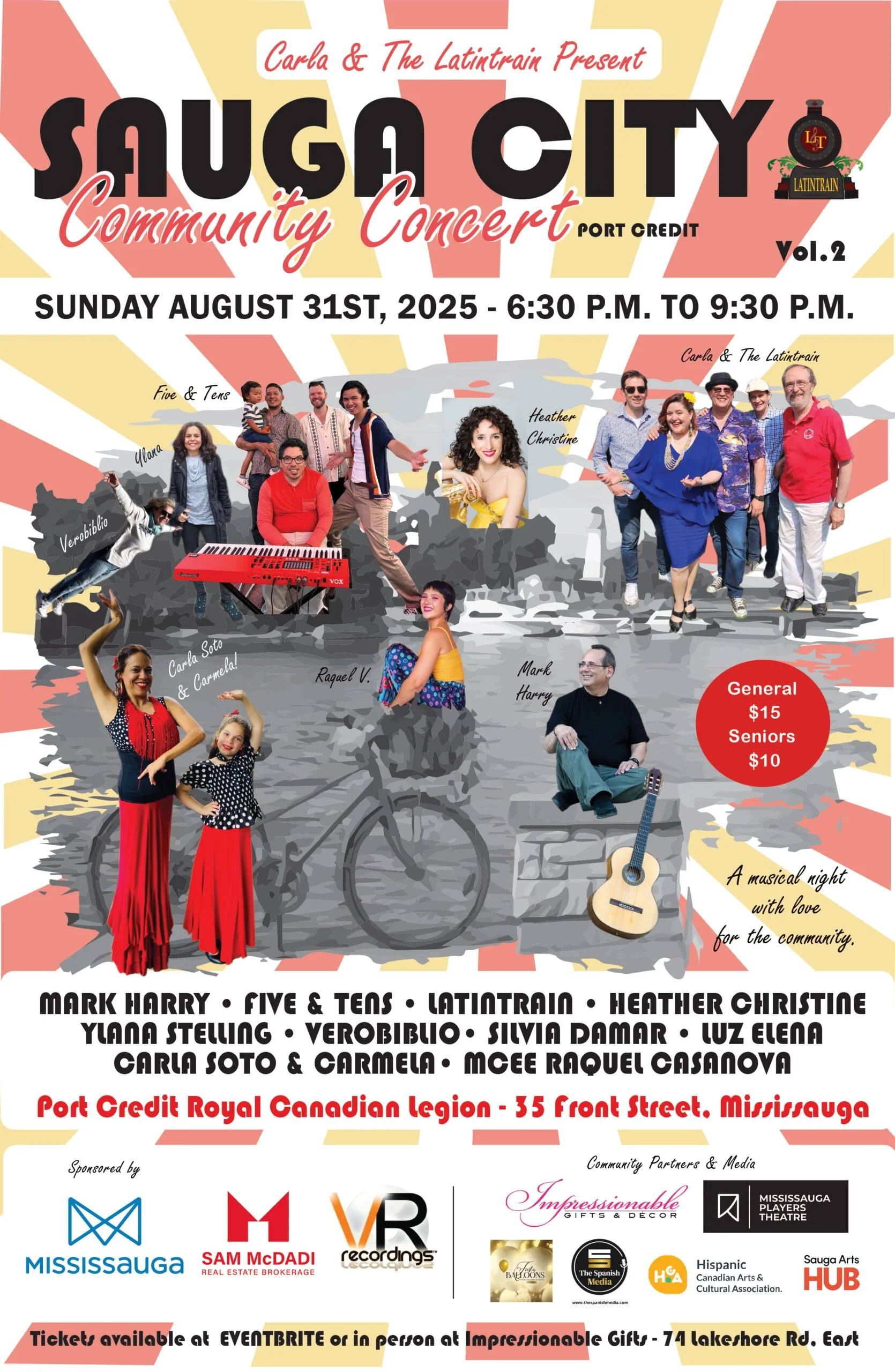 Poster for Sauga City Community Concert featuring Heather Christine, Carla and the Latintrian, Five and Tens, Ylana, Verobiblio, Carla Soto and Carmela, Raquel V, and Mark Harry.