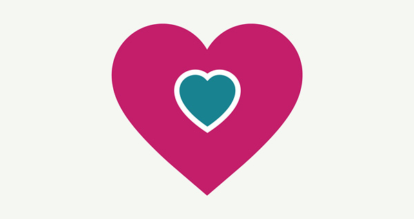 I Love My Gig Ontario: An illustration of a large and small heart in red and blue that are nested inside each other on a light grey background.