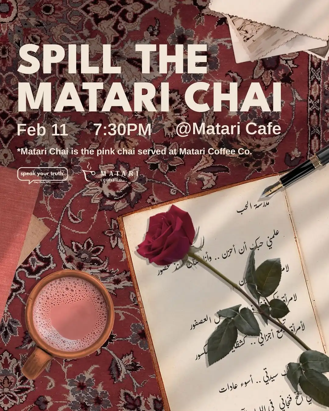 Graphic for Stay Woke's Spill the Matari Chai event.